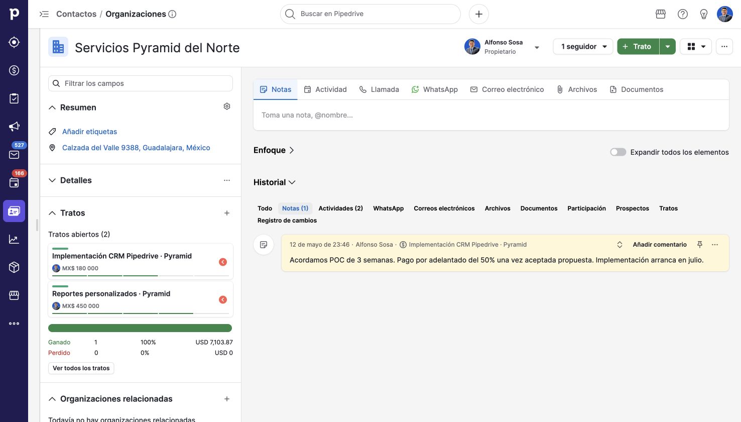 Empresa y oportunidades vinculadas. Pipedrive en una cuenta de demostración.